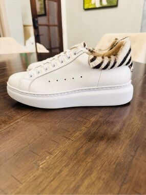 Michele Lopriore Cuore White Leather Sneakers Zebra Pony Hair Italy - 38 / 7.5